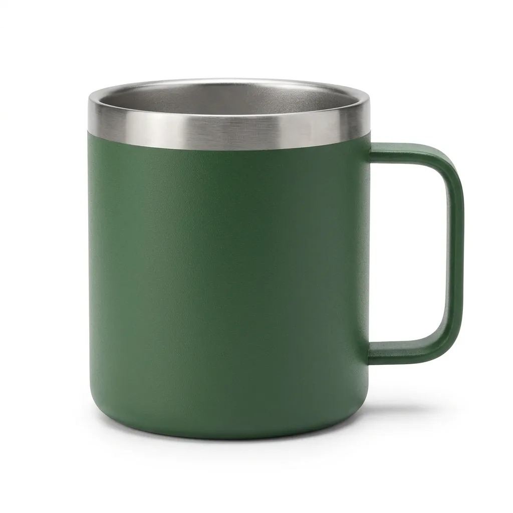 Demo camp mug on white studio background, Amazon main-image style