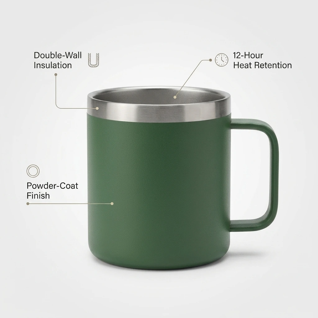 Demo camp mug infographic with labeled feature callouts