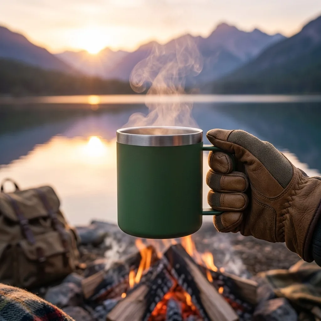 Demo camp mug held by a campfire at dawn beside a mountain lake